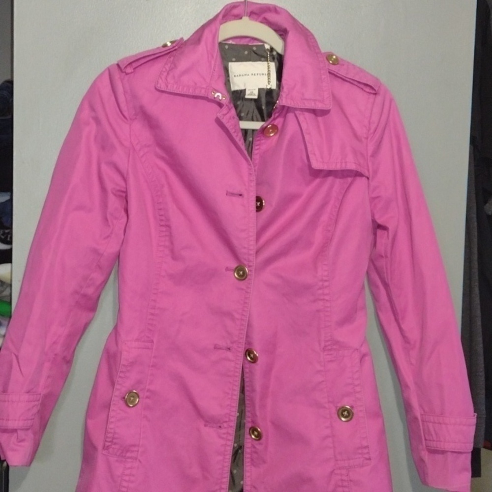 Pink Banana Republic tech coat navy style jacket Barbiecore